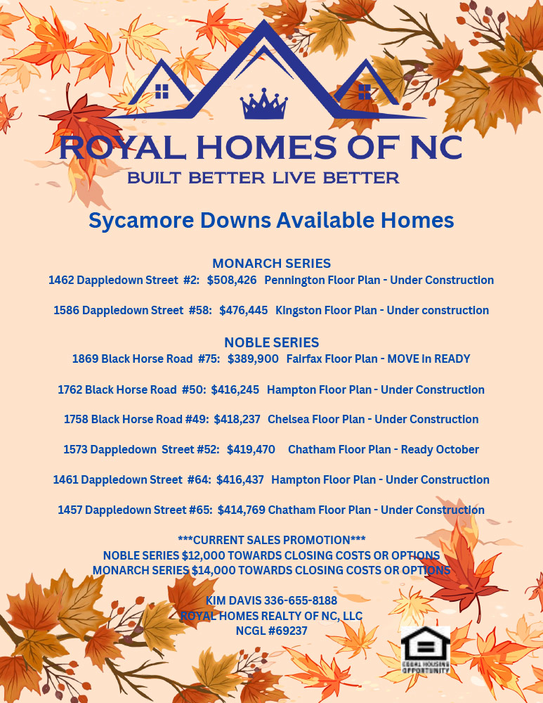 Royal Homes of North Carolina - Sycamore Downs - Available Homes Flyer Royal Homes of North Carolina - Sycamore Downs - Available Homes Flyer
